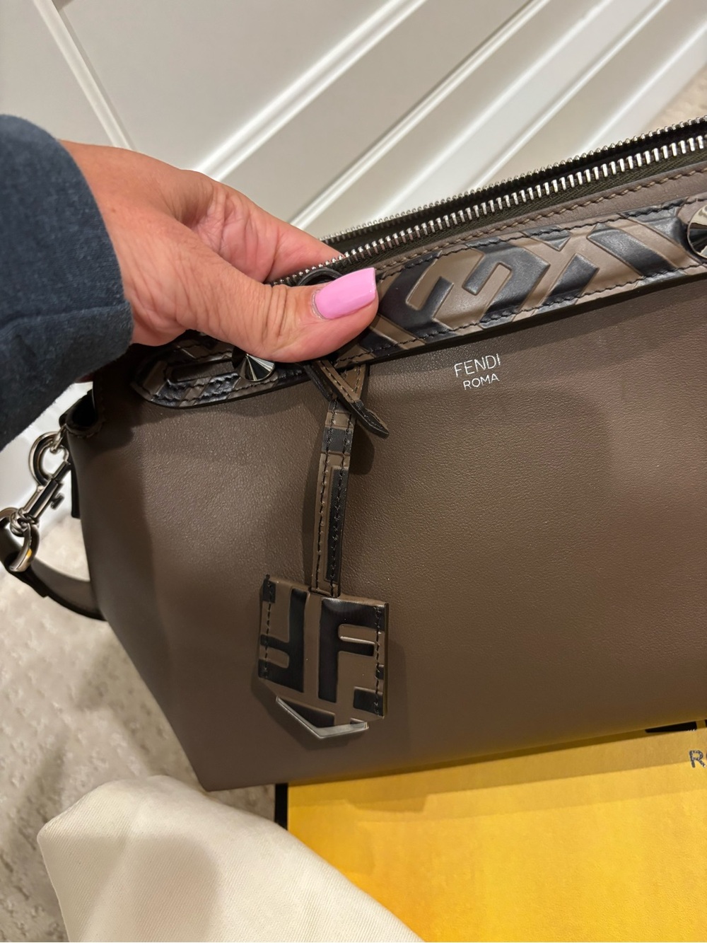 Fendi By The Way Taupe Leather Shoulder Bag with Logo Charm - Picture 2 of 2